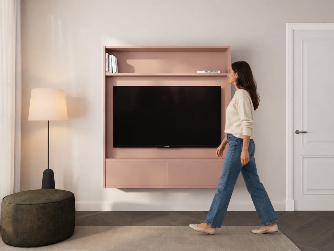 Woonkamer met een Wandig tv-wand in gebruik